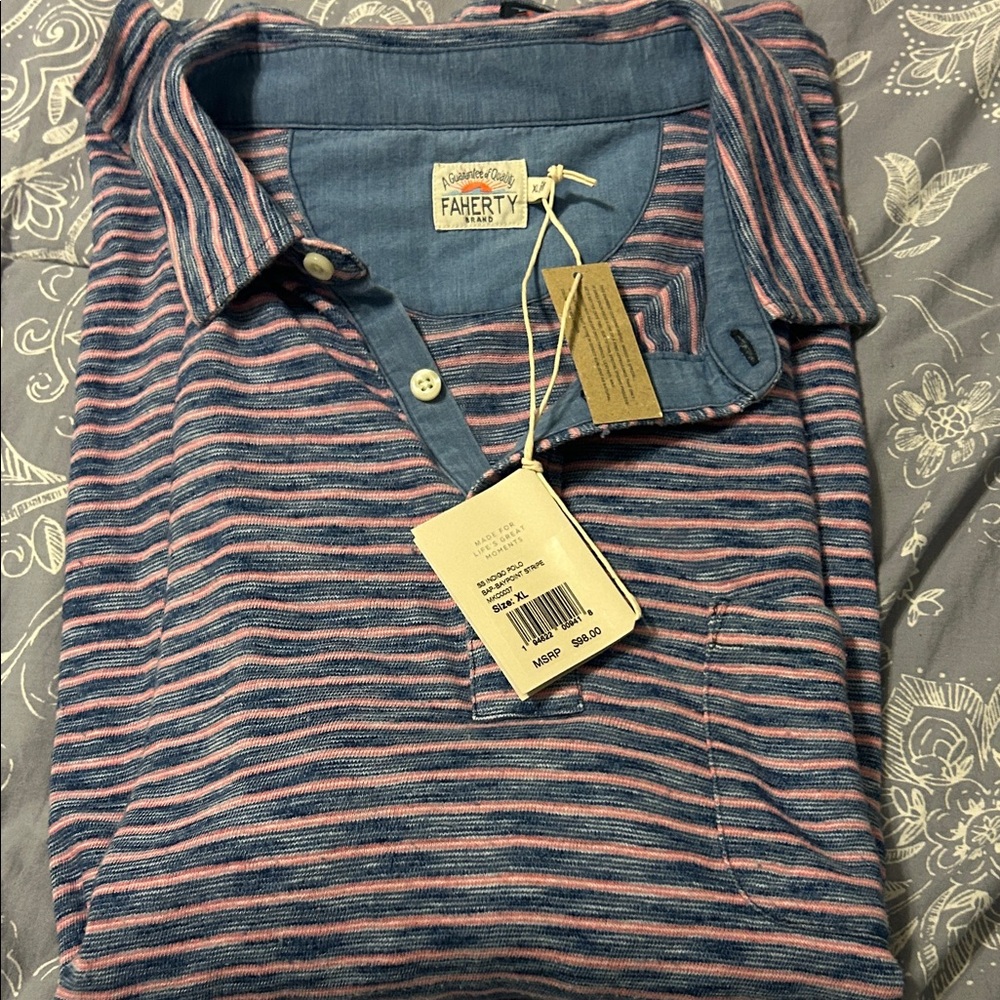 Faherty Men's Casual Blue and Pink Striped Shirt